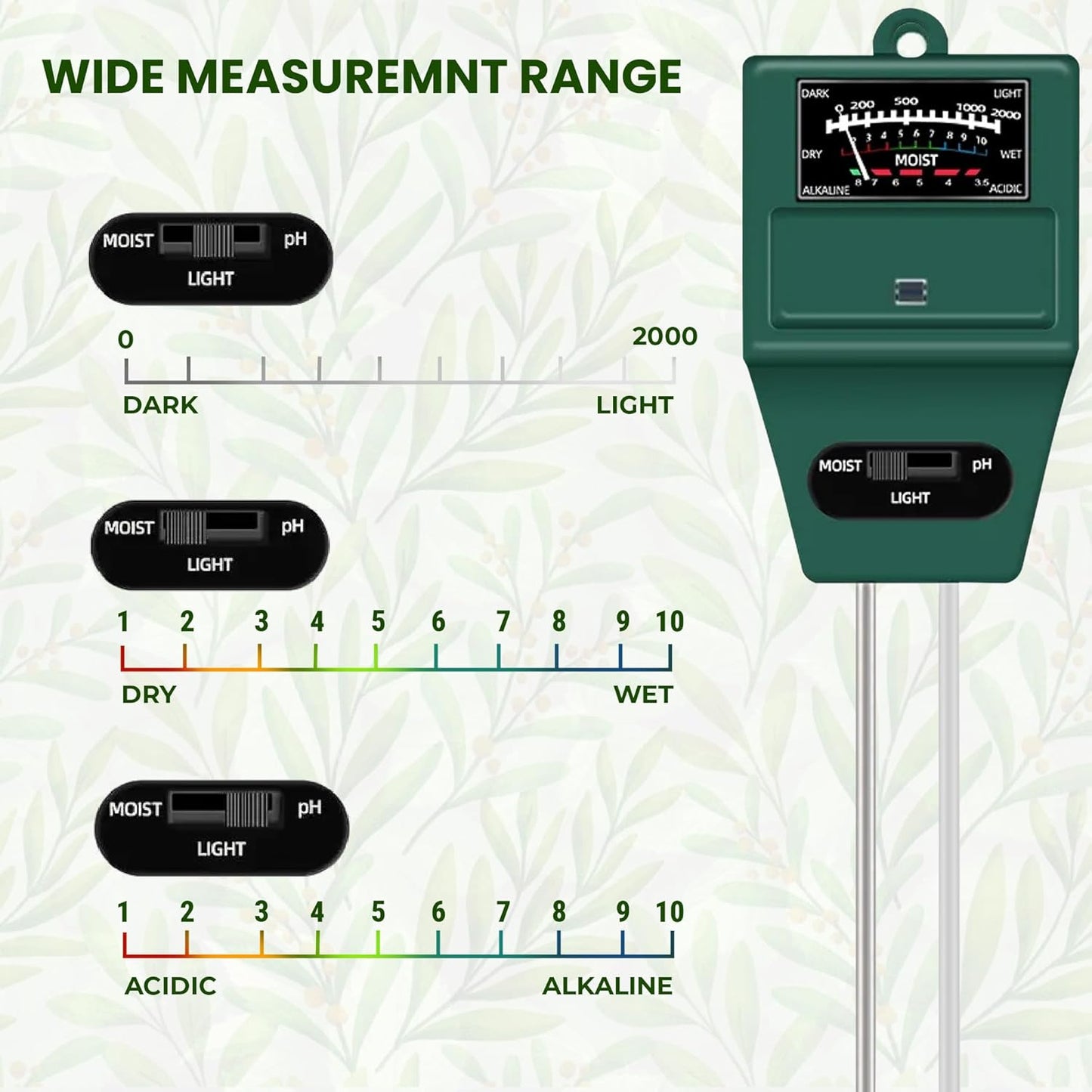3-in-1 pH Meter for Soil Testing – With Moisture & Light Sensor Ideal for Home Gardening