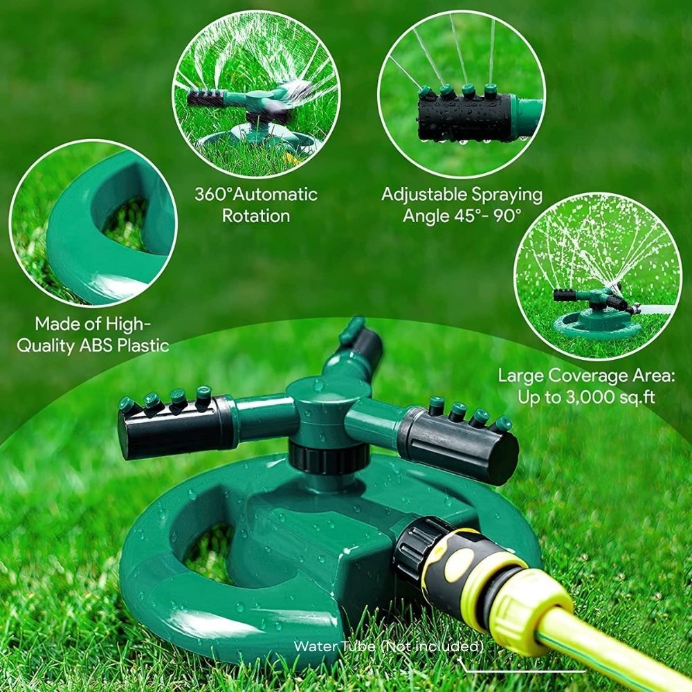 3-in-1 Garden Sprinkler Automatic 360° Rotating Adjustable Arms for Garden, Yard, and Hose Irrigation