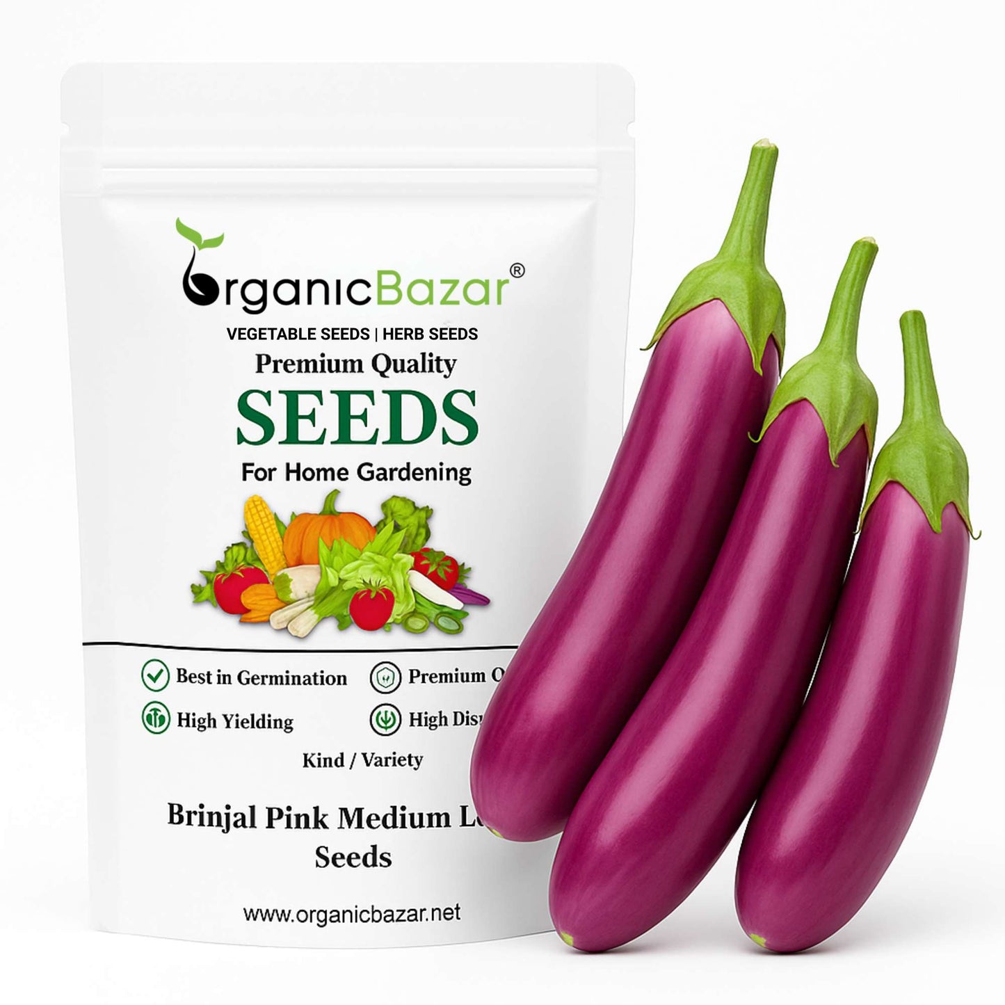 Brinjal Pink Medium Long F1 Hybrid Seeds - (50 Seeds) High Germination/ High Yield / Ideal for Terrace/Kitchen Gardening (Pink Baingan/Eggplant/गुलाबी बैंगन के बीज)