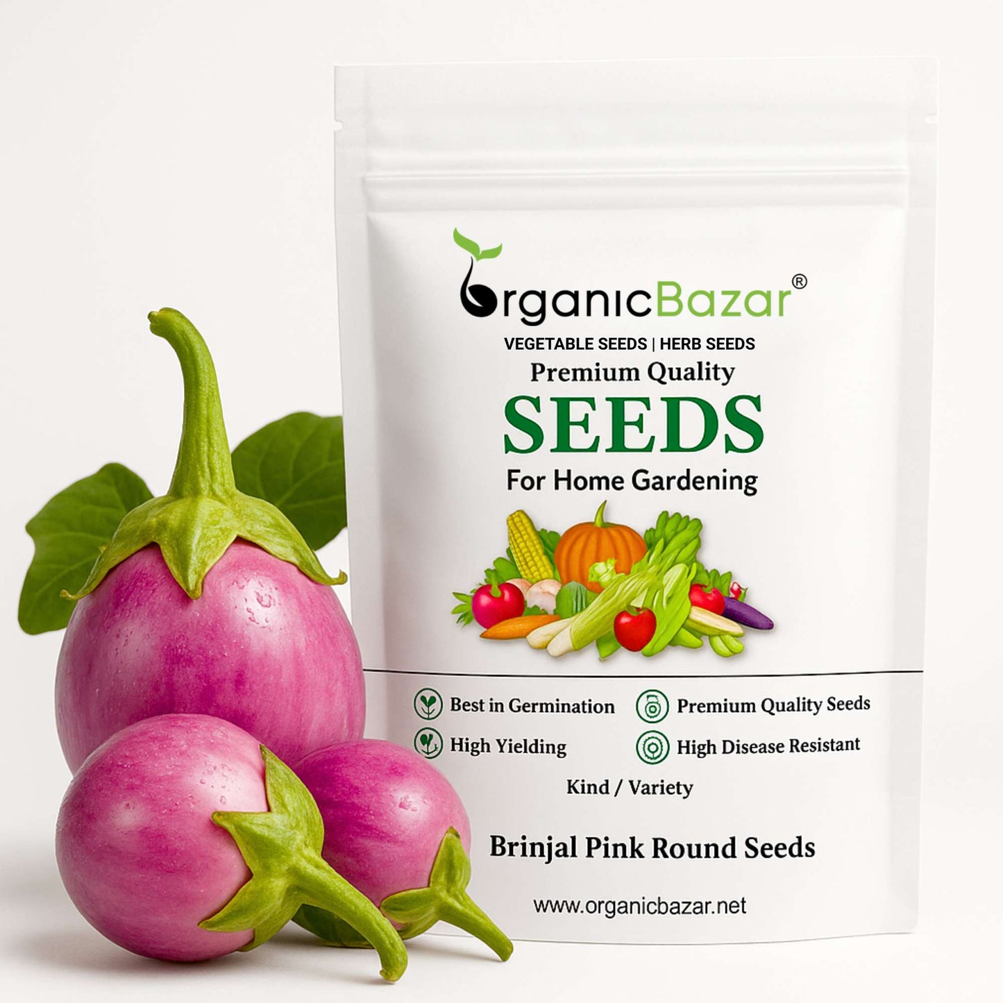 Brinjal Pink Round F1 Hybrid Seeds - (50 Seeds) High Germination/ High Yield / Ideal for Terrace/Kitchen Gardening (Pink Baingan/Eggplant/गुलाबी बैंगन के बीज)