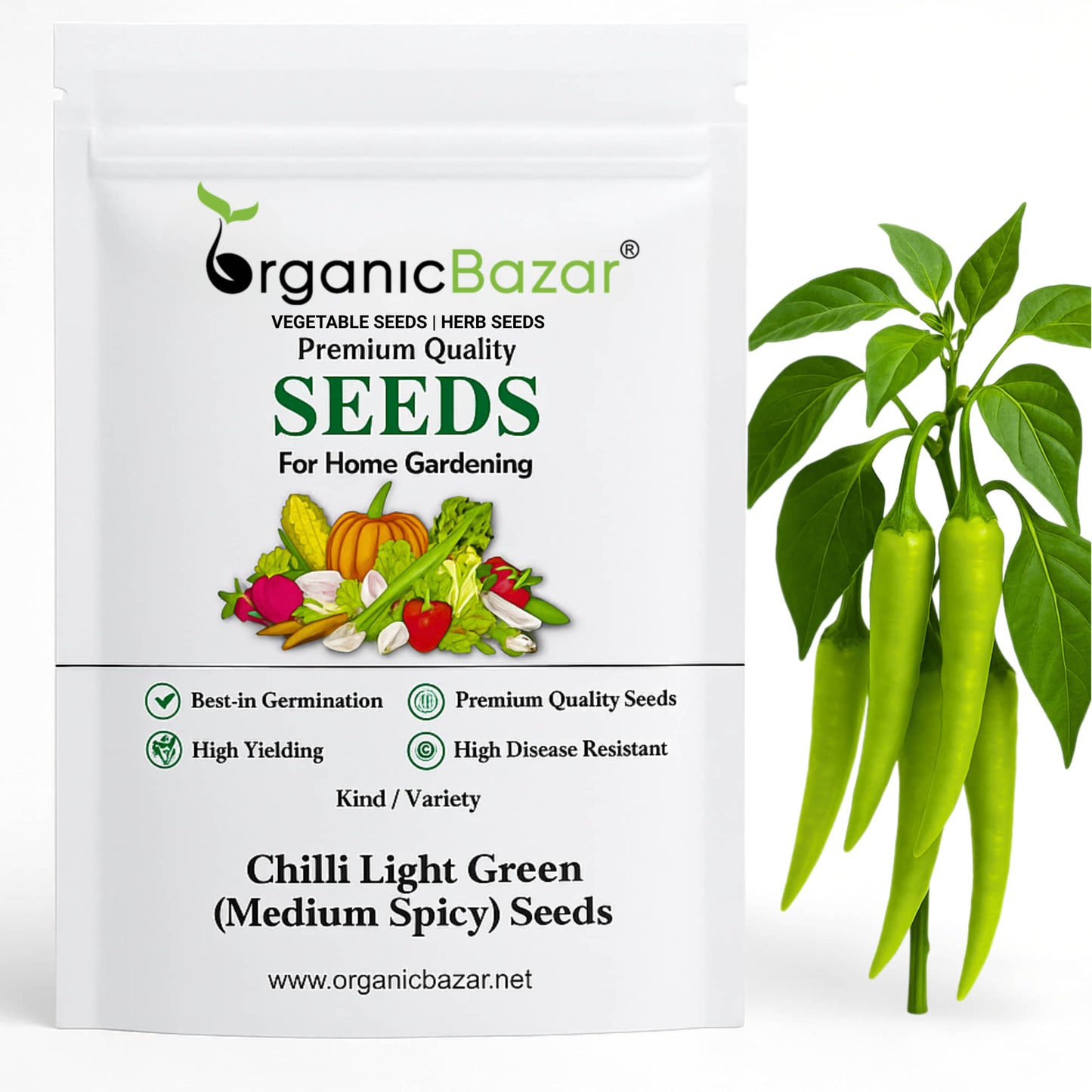 Chilli Light Green (Medium Spicy) Seeds - (50 Seeds) High Yield | High Germination | Best for Home Gardens (मिर्च के बीज)