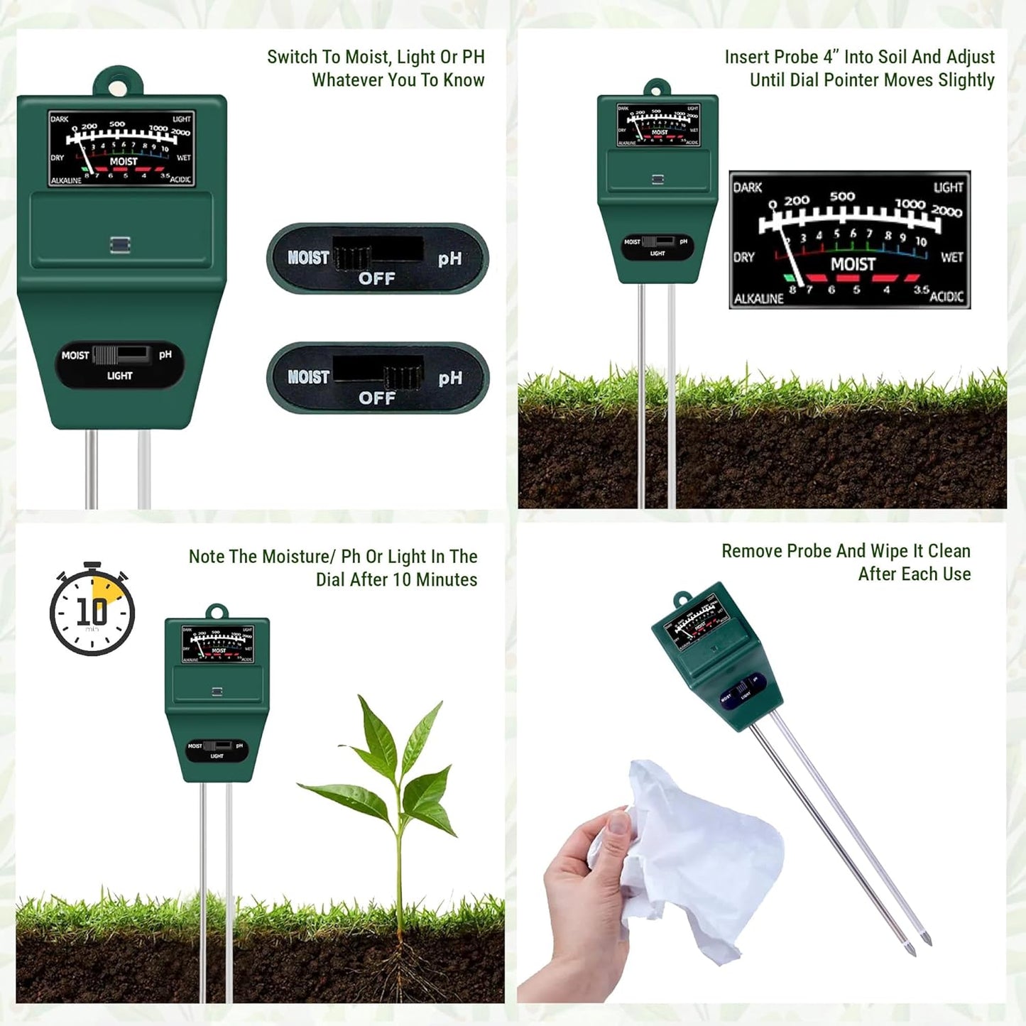 3-in-1 pH Meter for Soil Testing – With Moisture & Light Sensor Ideal for Home Gardening