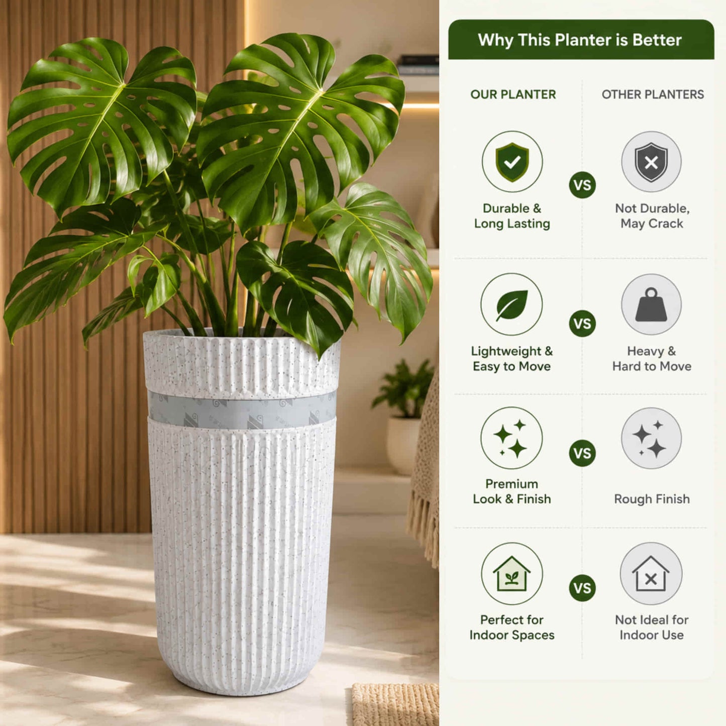 Hycross Roto Moulded Tall Planter with 10+ Years Durability | 12" x 25" | Granite Ribbed Finish Big Pot for Indoor & Outdoor