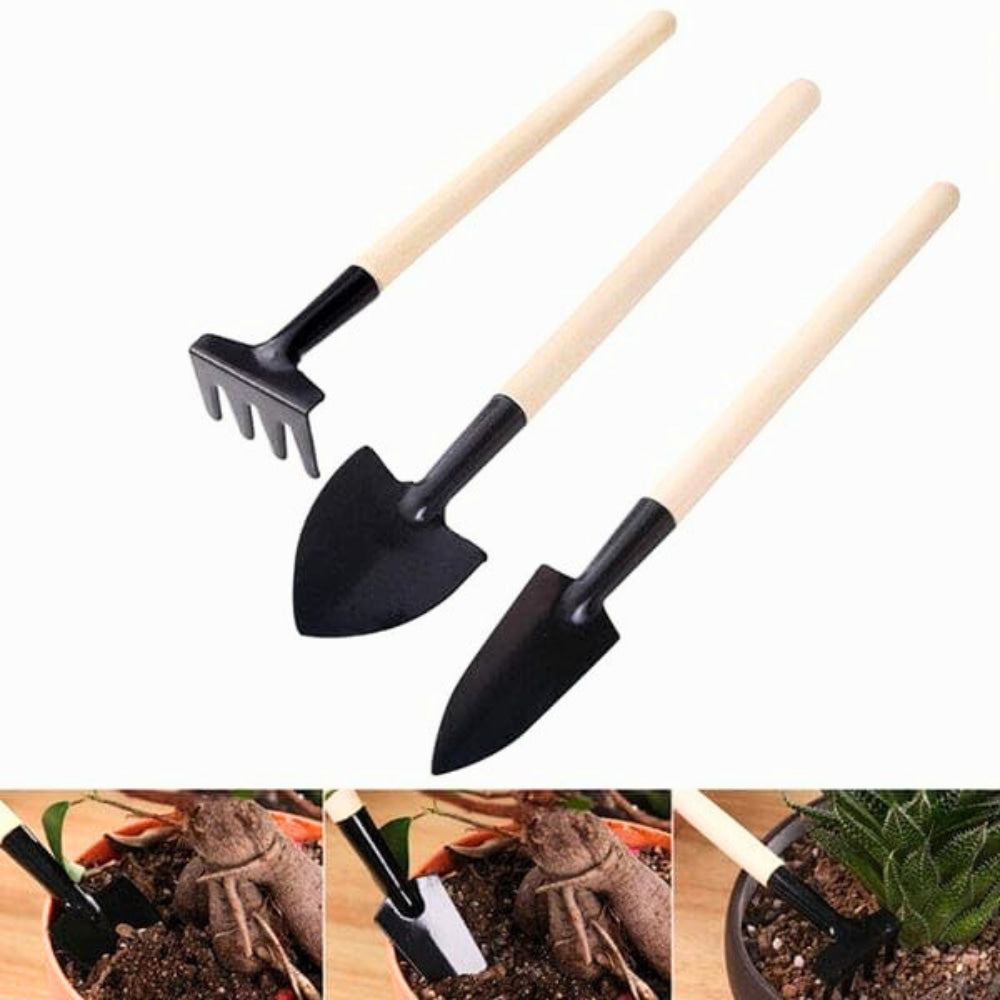Toy Gardening Tools Kit with Wooden Handle, 3-Piece Mini Garden Tool Set for Kids & Beginners