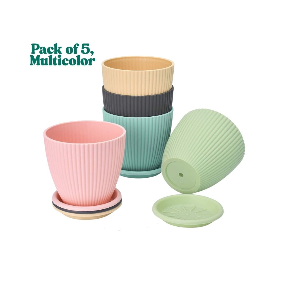 Plastic Flower Pot with Tray (Multicolor, Pack of 5)