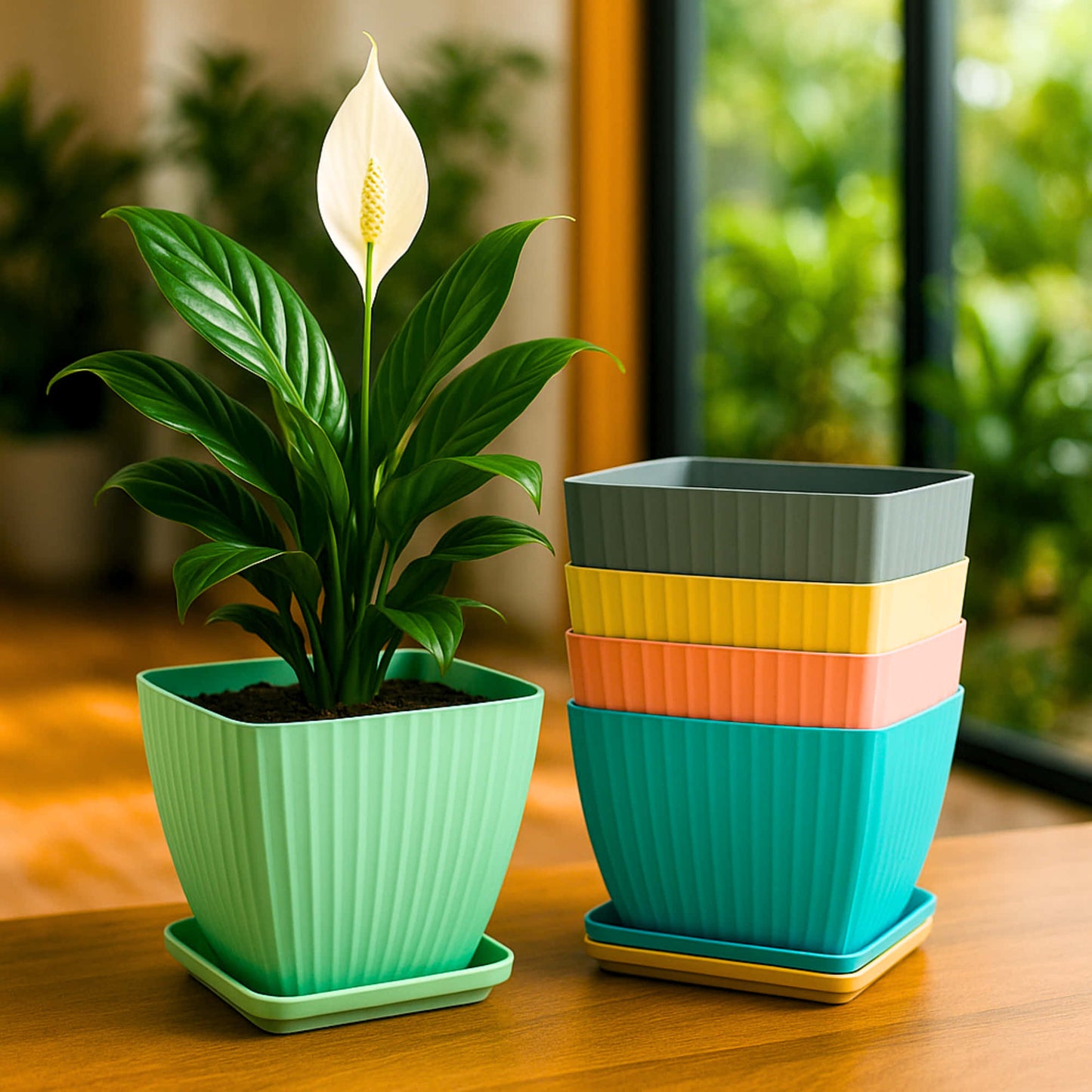 Plastic Flower Pot with Tray (Multicolor, Pack of 5)