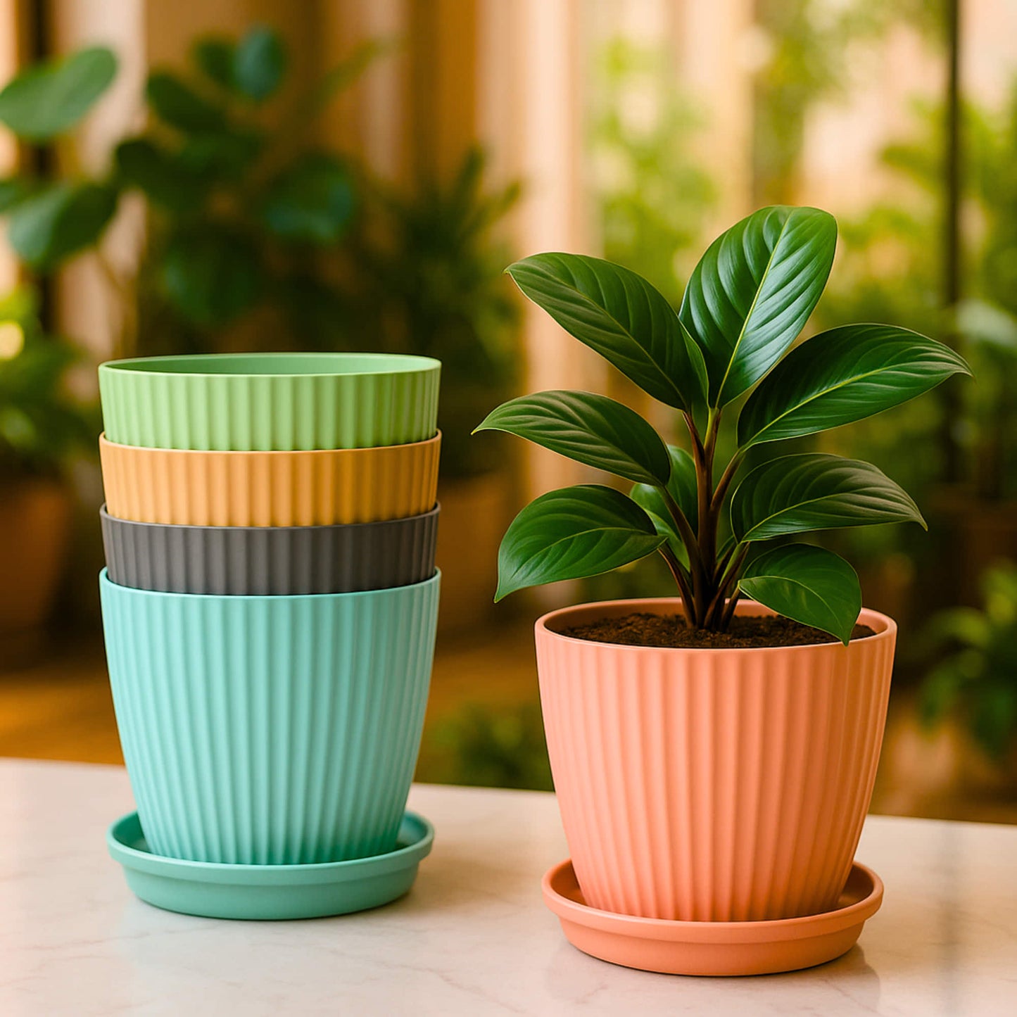 Plastic Flower Pot with Tray (Multicolor, Pack of 5)