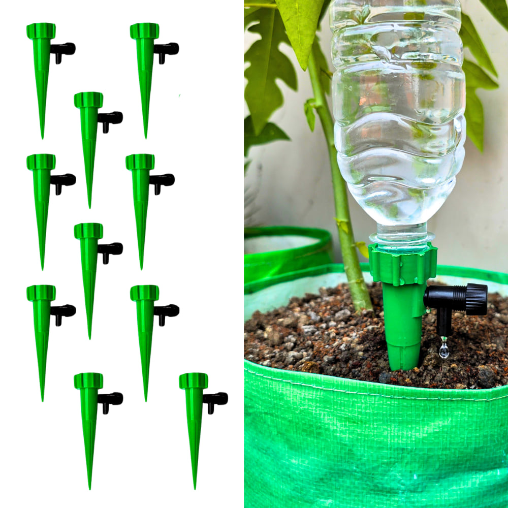 Self-Watering Spike Drip Irrigation System for Indoor & Outdoor Plants | Adjustable Flow Control | Vacation Plant Waterer (Pack of 10) | OrganicBazar