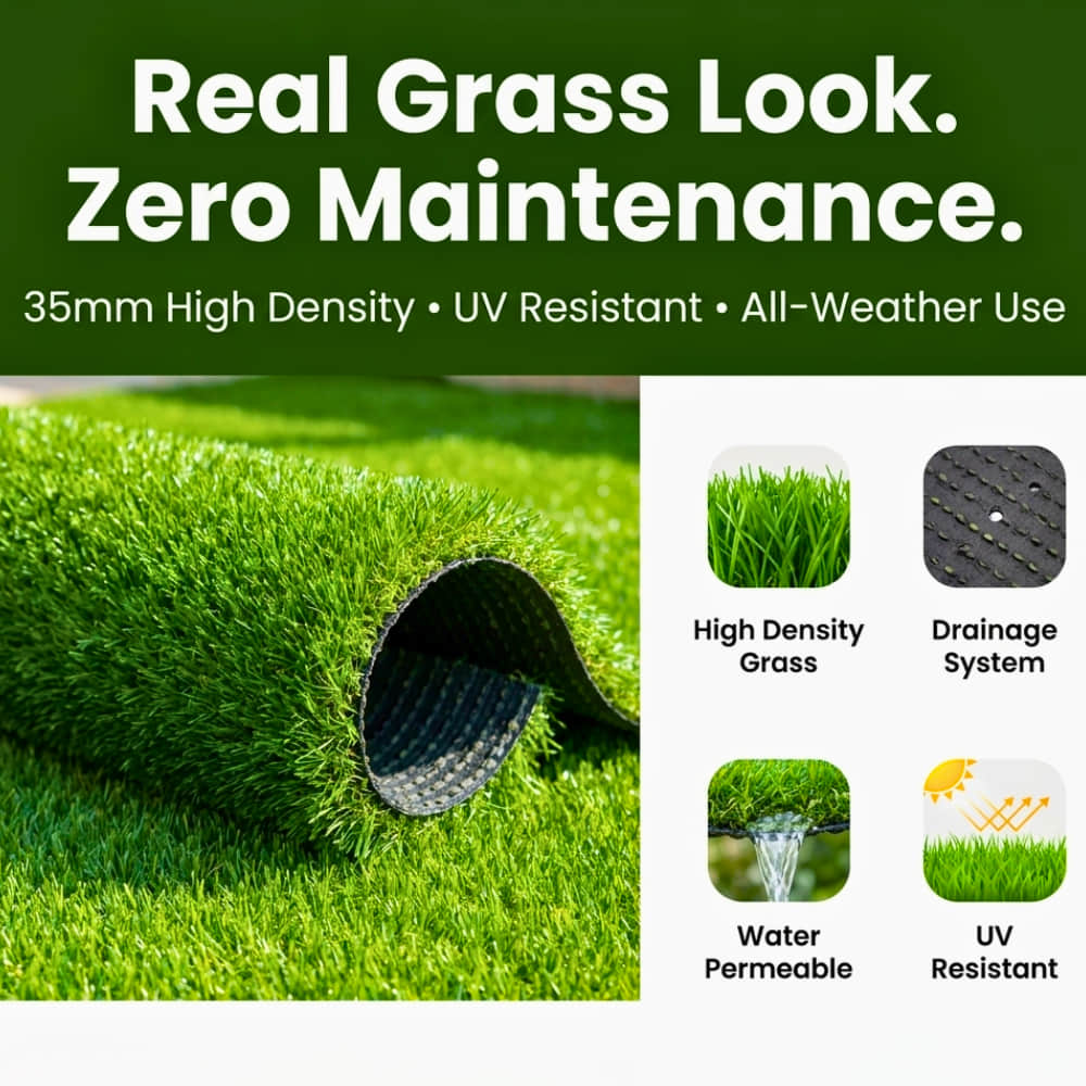 Artificial Green Grass Carpet 35 mm High Density – Realistic Lawn Turf for Garden, Balcony, Indoor & Outdoor Spaces | OrganicBazar