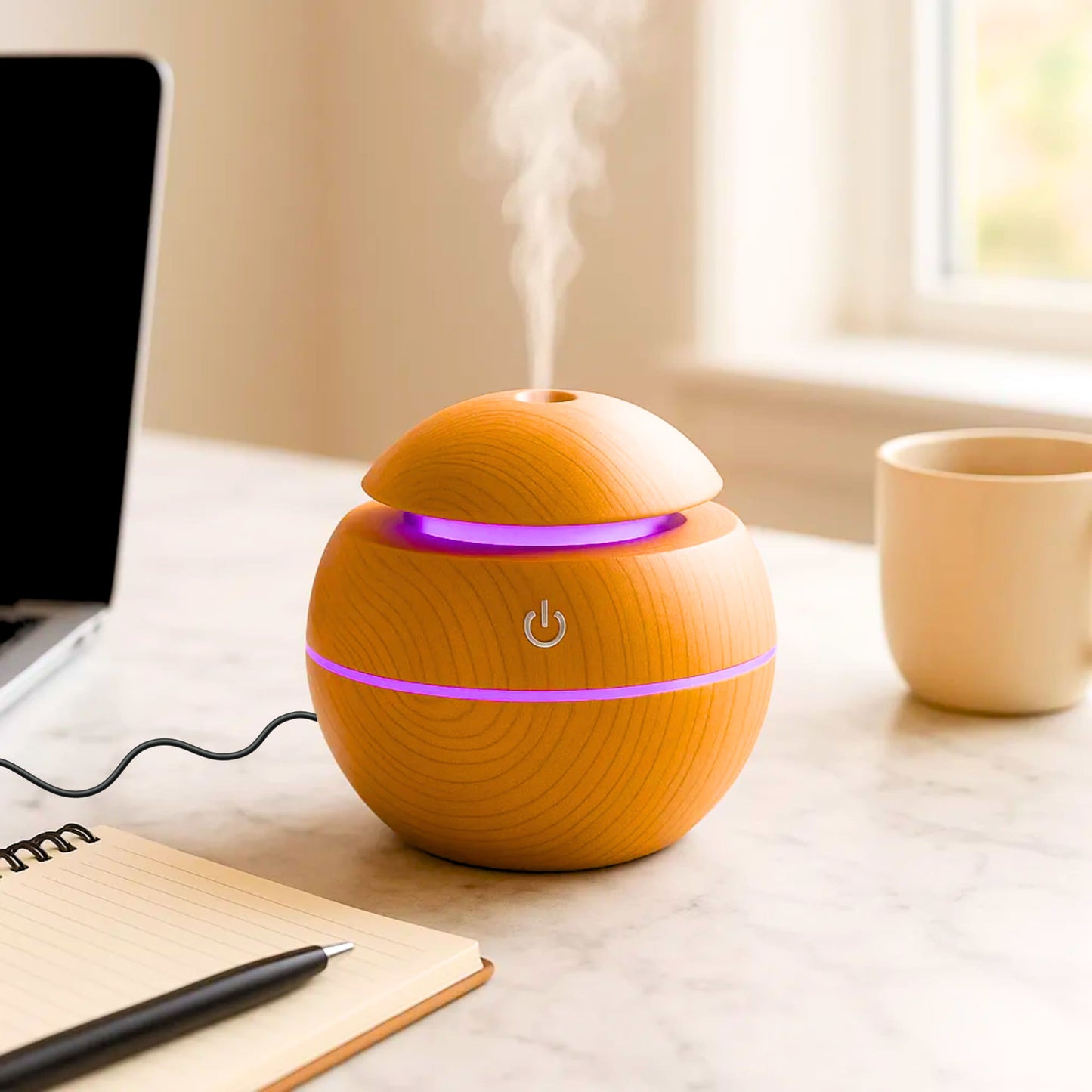 Wooden Cool Mist Humidifier cum Essential Oil Diffuser with Colorful Changing Lights for Indoor Garden, Car, Office, & Room (Light Brown, Pack of 1)