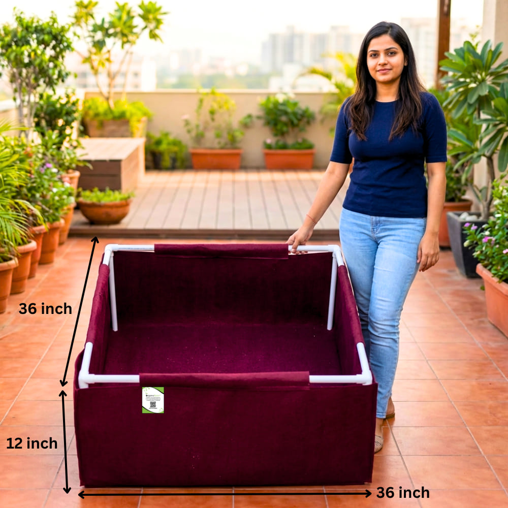 OrganicBazar 36x36x12 Geo Fabric Rectangular Grow Bag With Supporting PVC Pipes, Premium 450 GSM Raised Bed for Terrace Garden