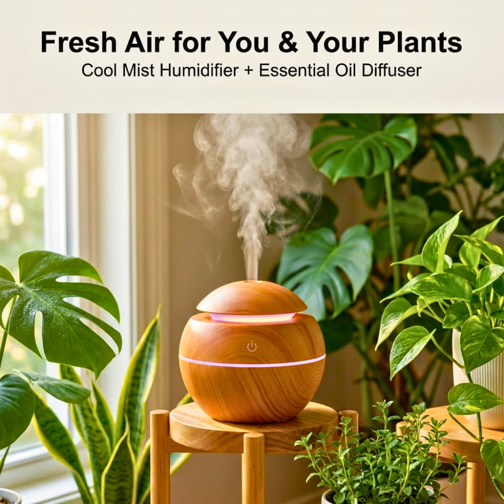 Wooden Color Cool Mist Humidifier cum Essential Oil Diffuser with Colorful Changing Lights for Indoor Garden, Car, Office, & Room (Light Brown, Pack of 1)