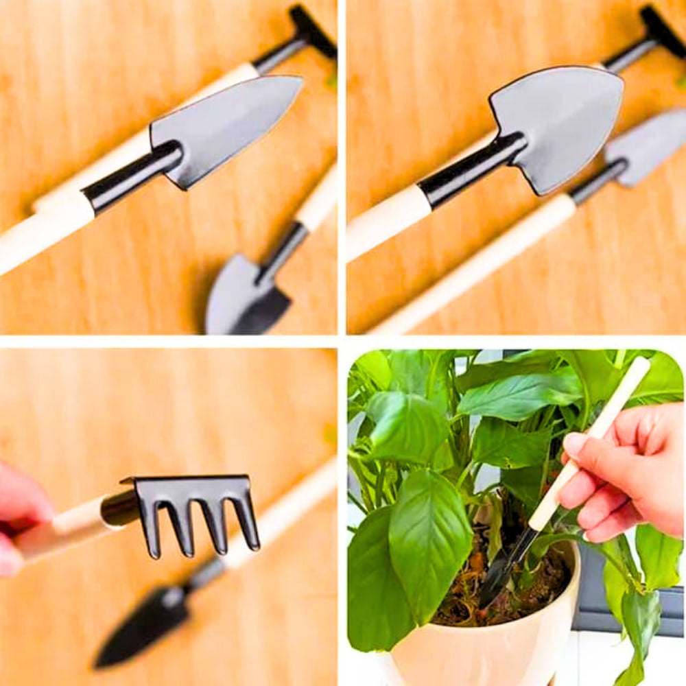 Toy Gardening Tools Kit with Wooden Handle, 3-Piece Mini Garden Tool Set for Kids & Beginners