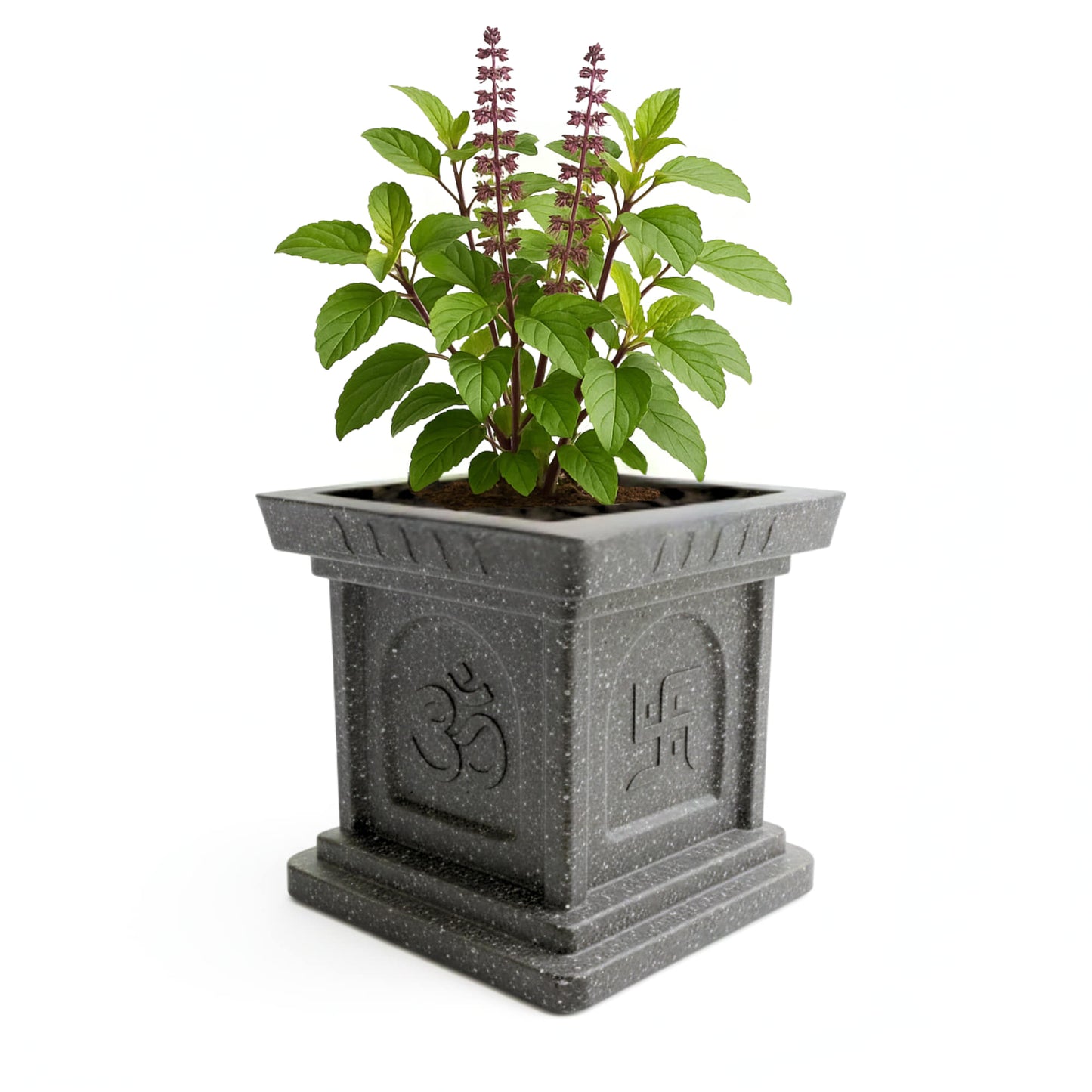 Roto Mould Tulsi Pot with 10+ Years Durability | Tulsi Container for home temples, pooja rooms, and gardens | 4 Sacred Carvings | White & Grey Colors