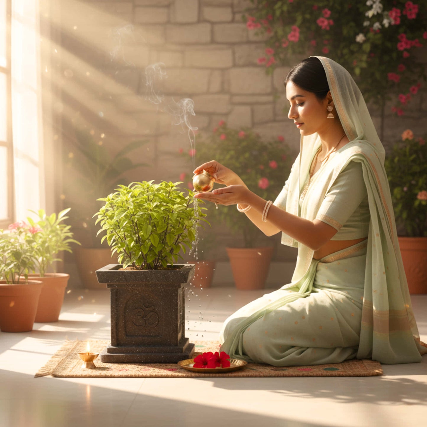 Roto Mould Tulsi Pot with 10+ Years Durability | Tulsi Container for home temples, pooja rooms, and gardens | 4 Sacred Carvings | White & Grey Colors