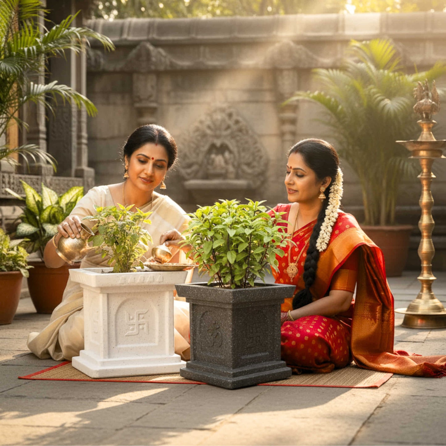 Roto Mould Tulsi Pot with 10+ Years Durability | Tulsi Container for home temples, pooja rooms, and gardens | 4 Sacred Carvings | White & Grey Colors