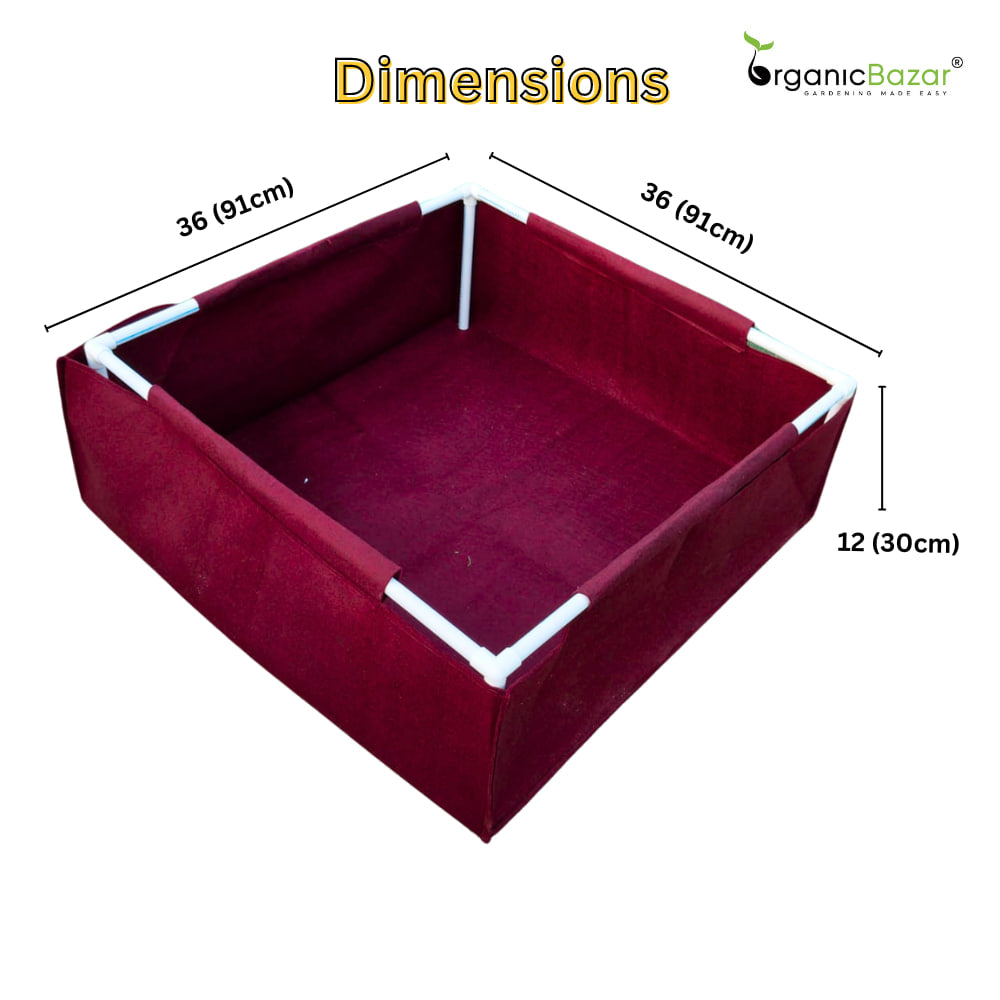 OrganicBazar 36x36x12 Geo Fabric Rectangular Grow Bag With Supporting PVC Pipes, Premium 450 GSM Raised Bed for Terrace Garden