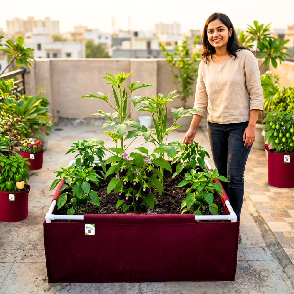 OrganicBazar 36x36x12 Geo Fabric Rectangular Grow Bag With Supporting PVC Pipes, Premium 450 GSM Raised Bed for Terrace Garden