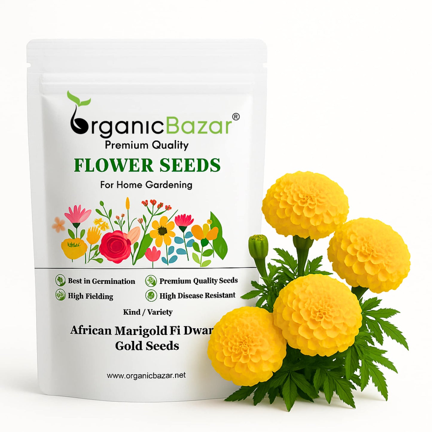 African Marigold F1 (Genda) Dwarf Gold Seeds - 30 Seeds (गेंदा के बीज) High Germination/ Easy To grow/ Perfect for pots, balconies, or Terrace gardens