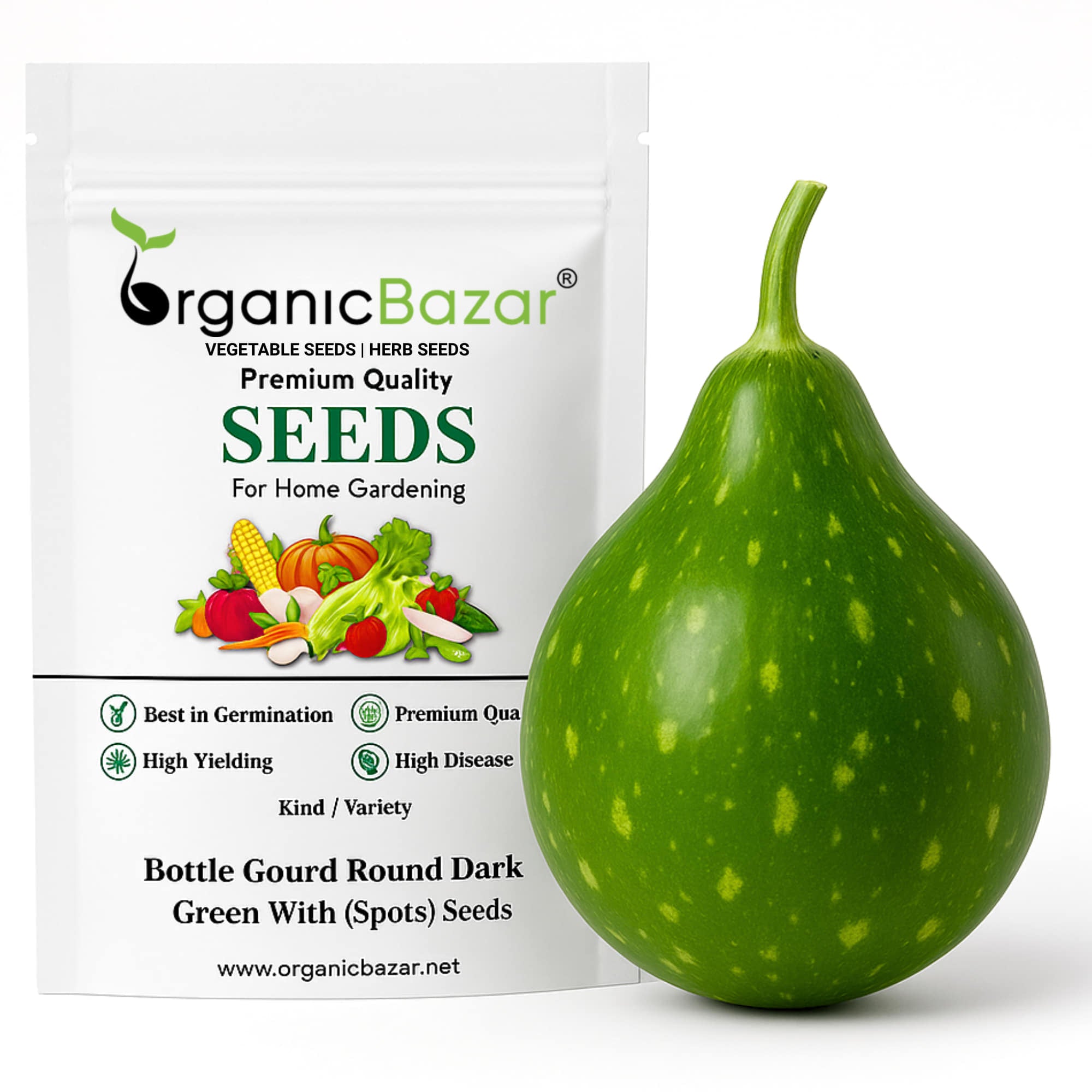 Bottle Gourd Round Dark Green With (Spots) F1 Hybrid Seeds - 08 Seeds (Gol Lauki/ Ghiya/ गोल लौकी के बीज) Easy To grow, High Germination, High Yield,  Perfect Seeds for Terrace gardening