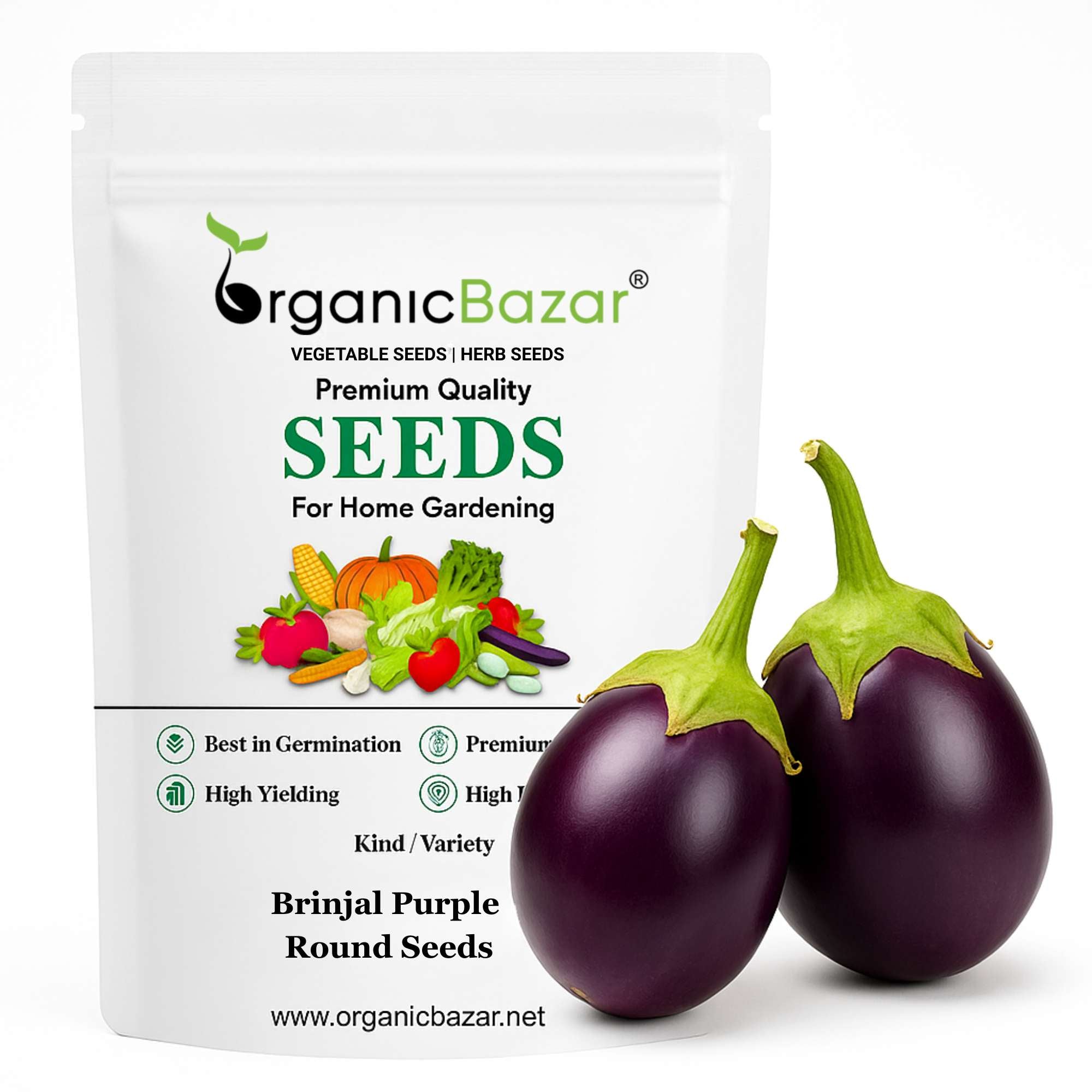 Brinjal Purple Round F1 Hybrid Seeds - (50 Seeds) High Germination/ High Yield / Ideal for Terrace/Kitchen Gardening (Bainganee Baingan/Eggplant/बैंगनी बैंगन के बीज)