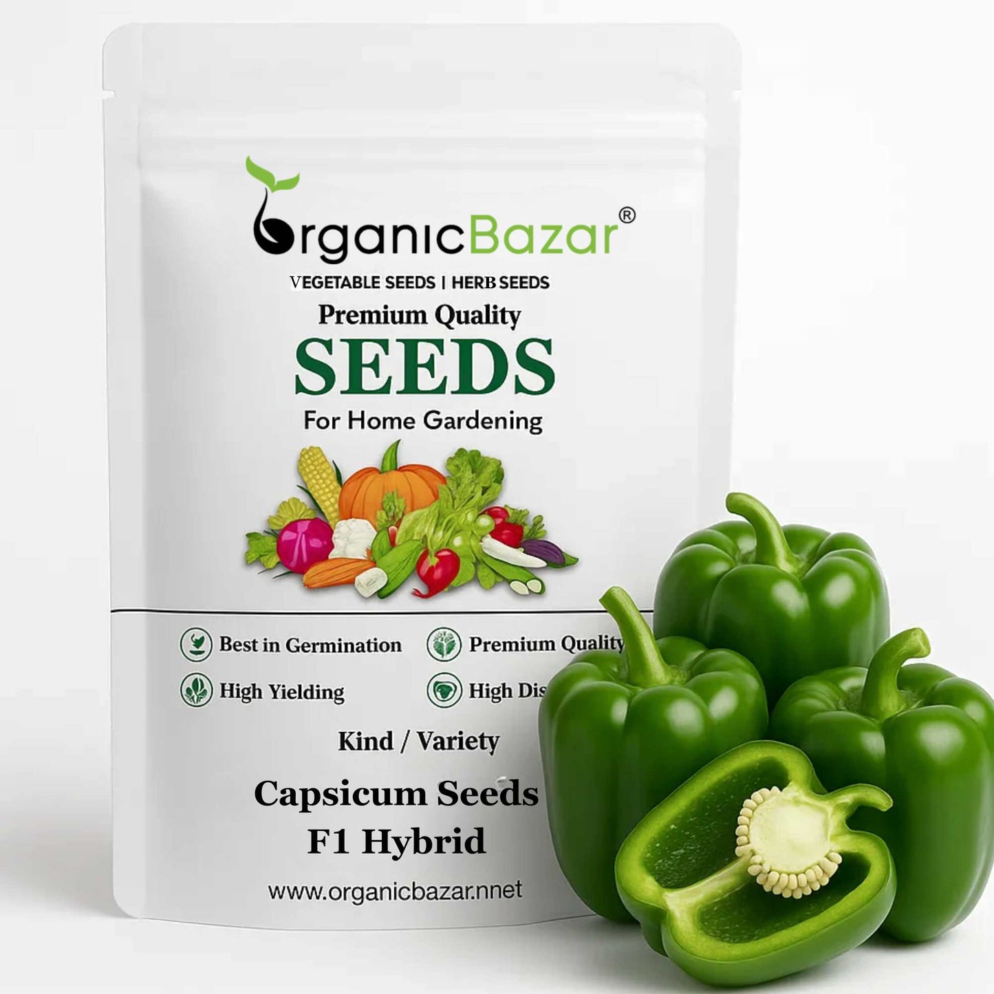 Capsicum (Hari Shimla Mirch) Seeds F1 Hybrid - (30 Seeds) High Yield | High Germination | Best for Home Gardens (हरी शिमला मिर्च के बीज)