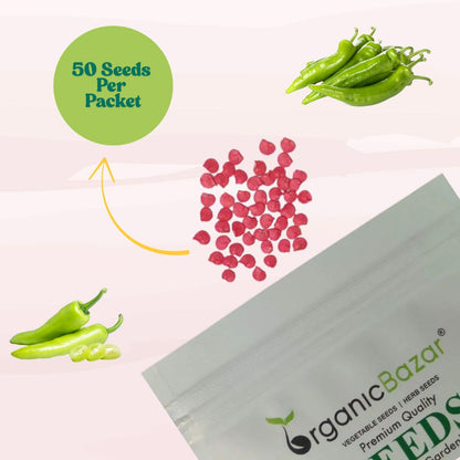 Chilli Green Thick And Long Seeds - (50 Seeds) High Yield | High Germination | Best for Home Gardens (मिर्च के बीज)