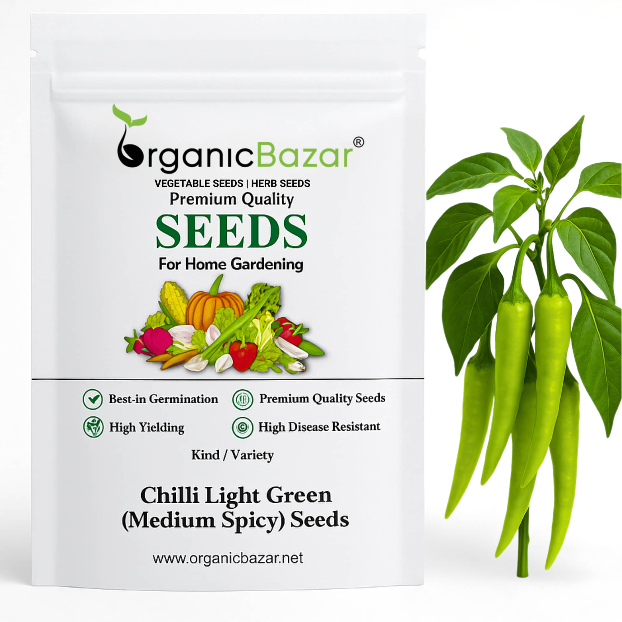 Chilli Light Green (Medium Spicy) Seeds - (50 Seeds) High Yield | High Germination | Best for Home Gardens (मिर्च के बीज)