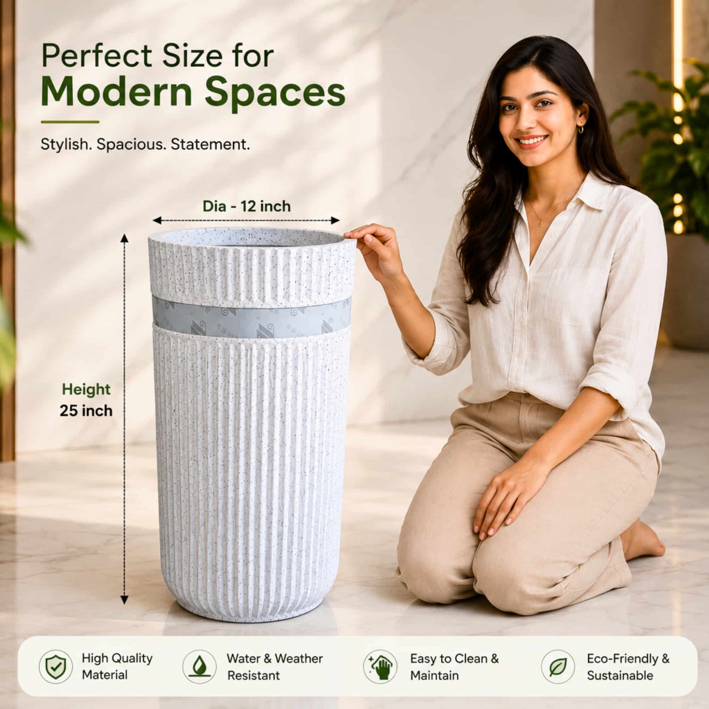 Hycross Roto Moulded Tall Planter with 10+ Years Durability | 12" x 25" | Granite Ribbed Finish Big Pot for Indoor & Outdoor