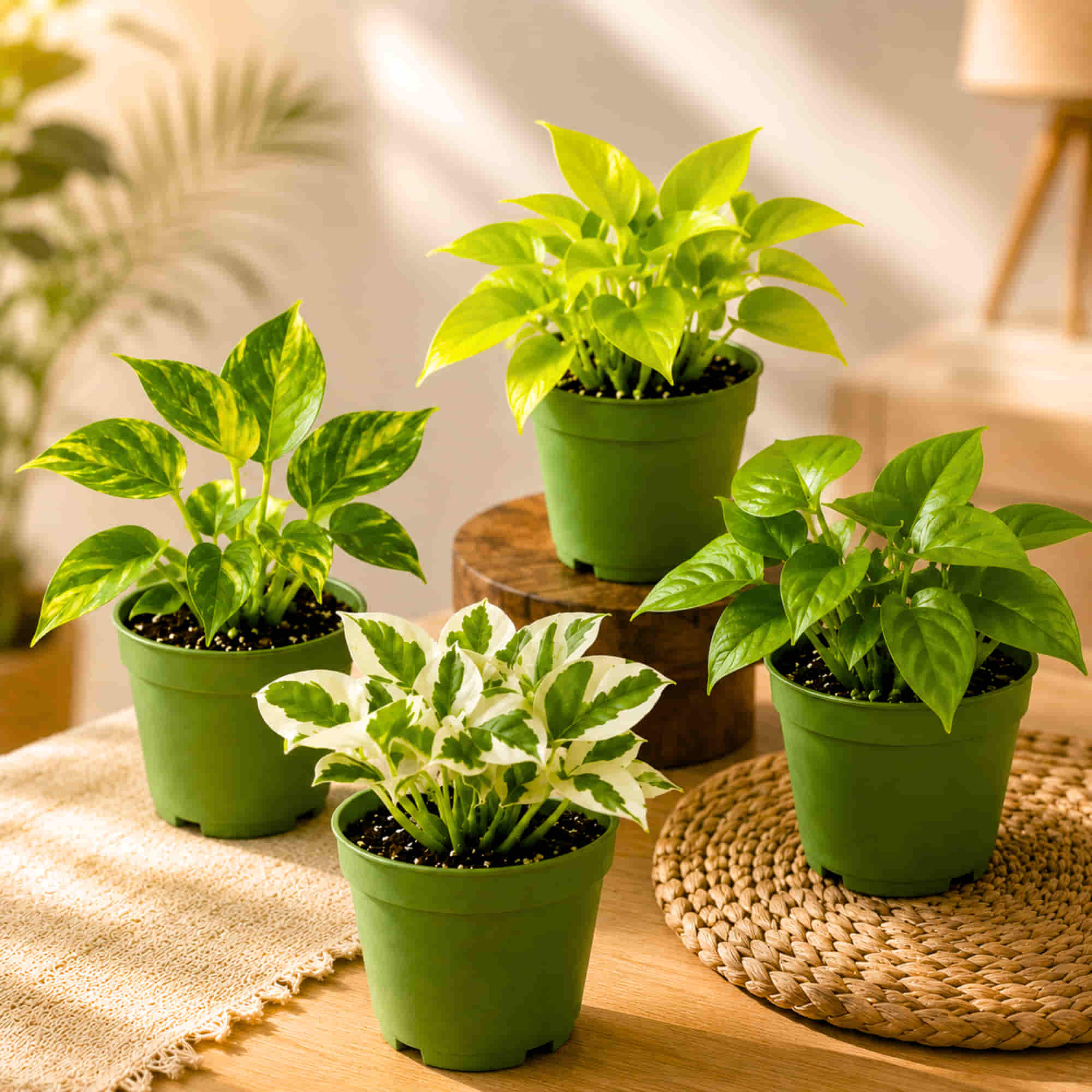 Money Plant Combo Pack of 4 - Green, Gold king, Neon & N'Joy Pothos | Live Air Purifying Plants