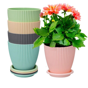 Plastic Round Flower Pot with Tray – Pack of 5, Multicolor