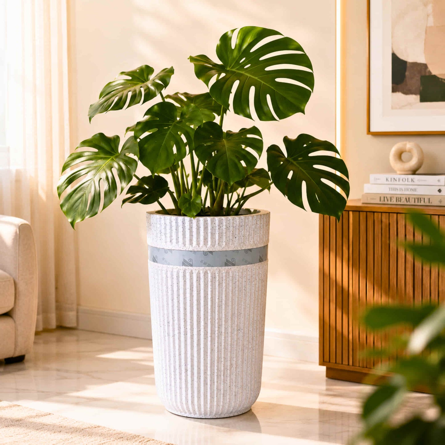 Hycross Roto Moulded Tall Planter with 10+ Years Durability | 12" x 25" | Granite Ribbed Finish Big Pot for Indoor & Outdoor