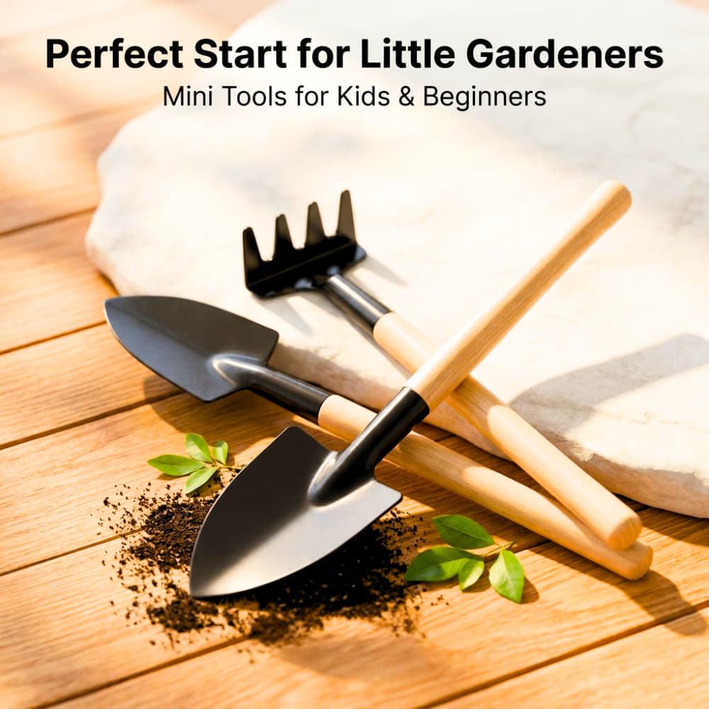 Toy Gardening Tools Kit with Wooden Handle, 3-Piece Mini Garden Tool Set for Kids & Beginners
