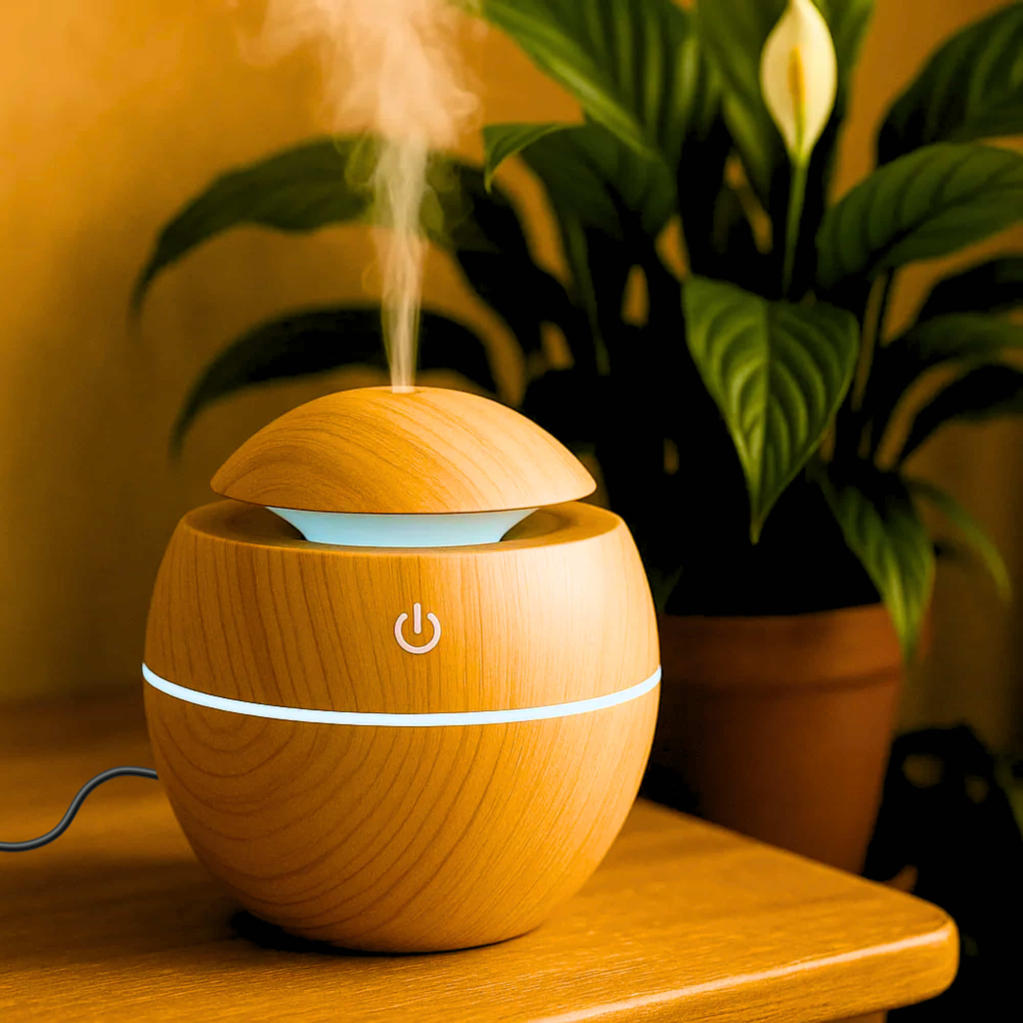 Wooden Cool Mist Humidifier cum Essential Oil Diffuser with Colorful Changing Lights for Indoor Garden, Car, Office, & Room (Light Brown, Pack of 1)