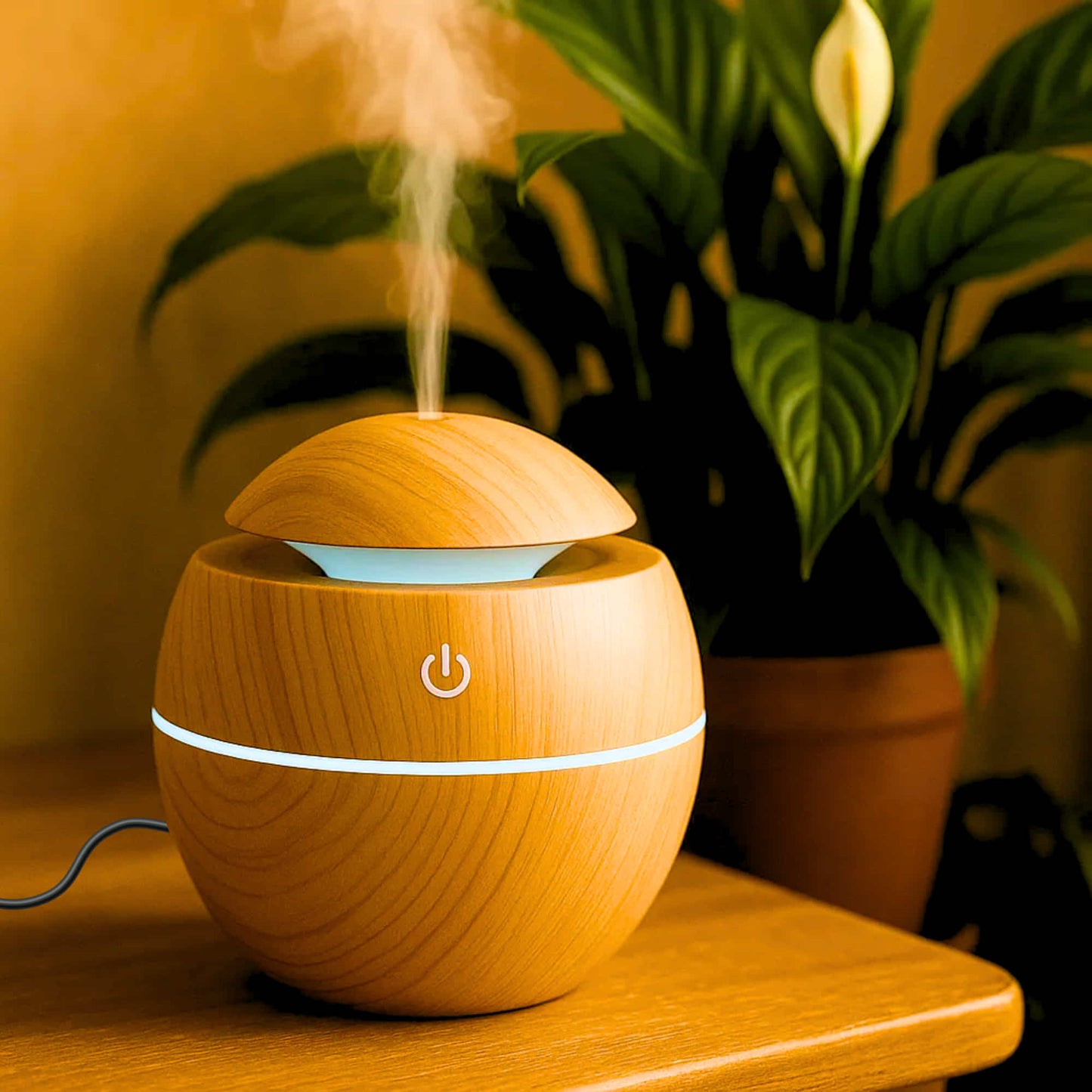 Wooden Cool Mist Humidifier cum Essential Oil Diffuser with Colorful Changing Lights for Indoor Garden, Car, Office, & Room (Light Brown, Pack of 1)