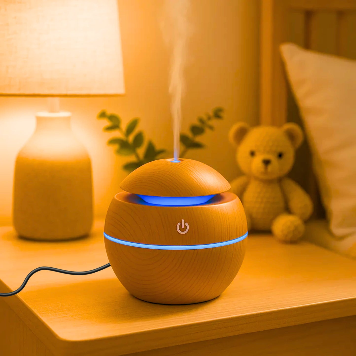 Wooden Cool Mist Humidifier cum Essential Oil Diffuser with Colorful Changing Lights for Indoor Garden, Car, Office, & Room (Light Brown, Pack of 1)