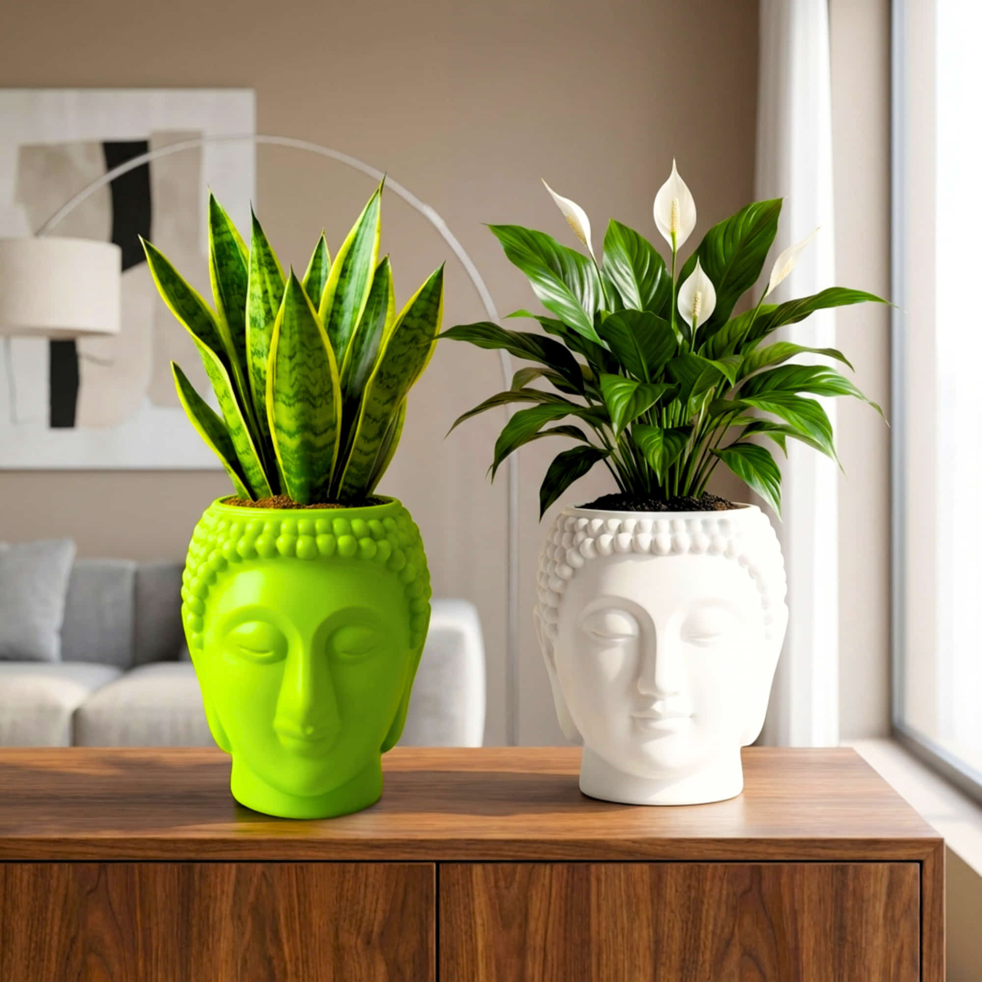 Buddha Face Planter Plastic Pot (Pack of 1) – Luxury Geometric Designer Unique Plant Pots for Living Room, Bedroom, Office, Villa, & premium commercial interiors