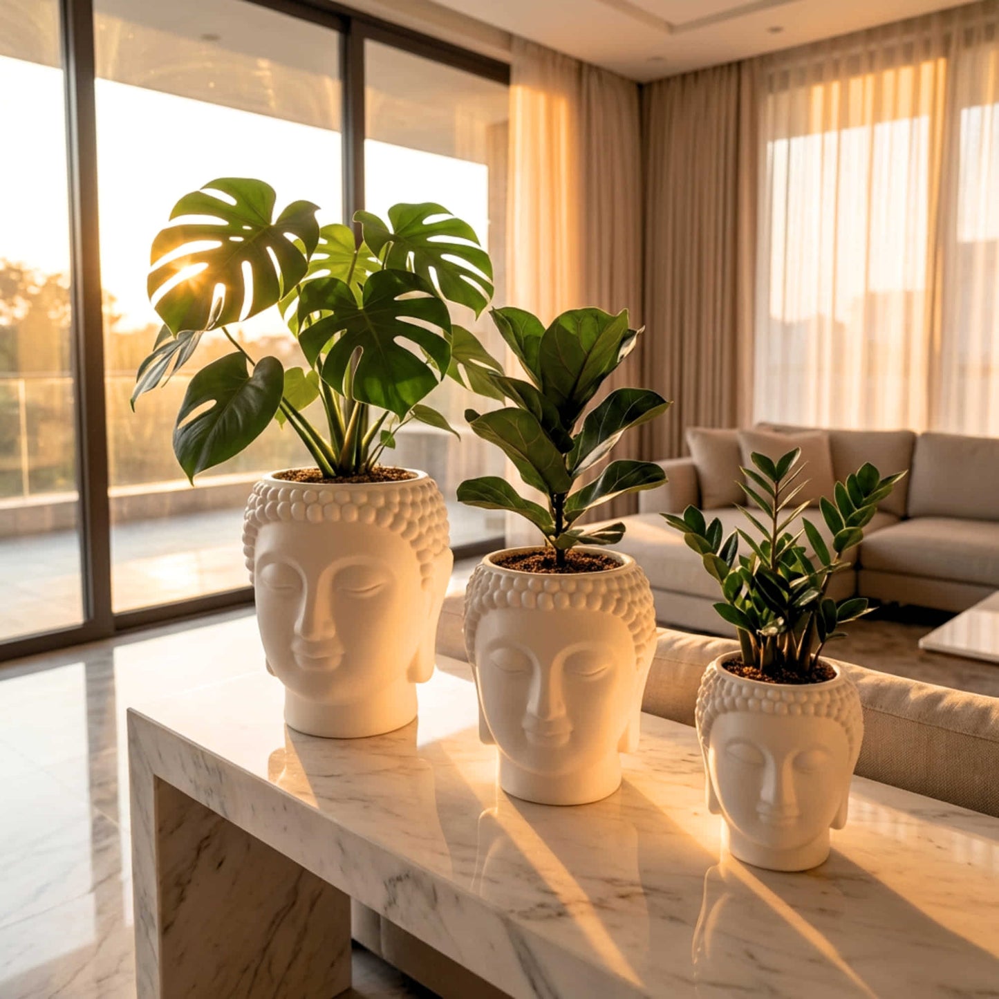 Buddha Face Planter Plastic Pot (Pack of 1) – Luxury Geometric Designer Unique Plant Pots for Living Room, Bedroom, Office, Villa, & premium commercial interiors