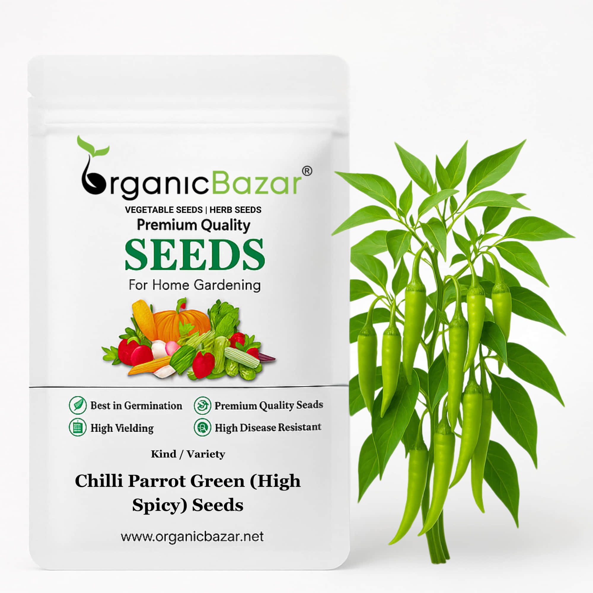 Chilli Parrot Green (High Spicy) F1 Hybrid Seeds - (50 Seeds) High Yield | High Germination | Best for Home Gardens (मिर्च के बीज)