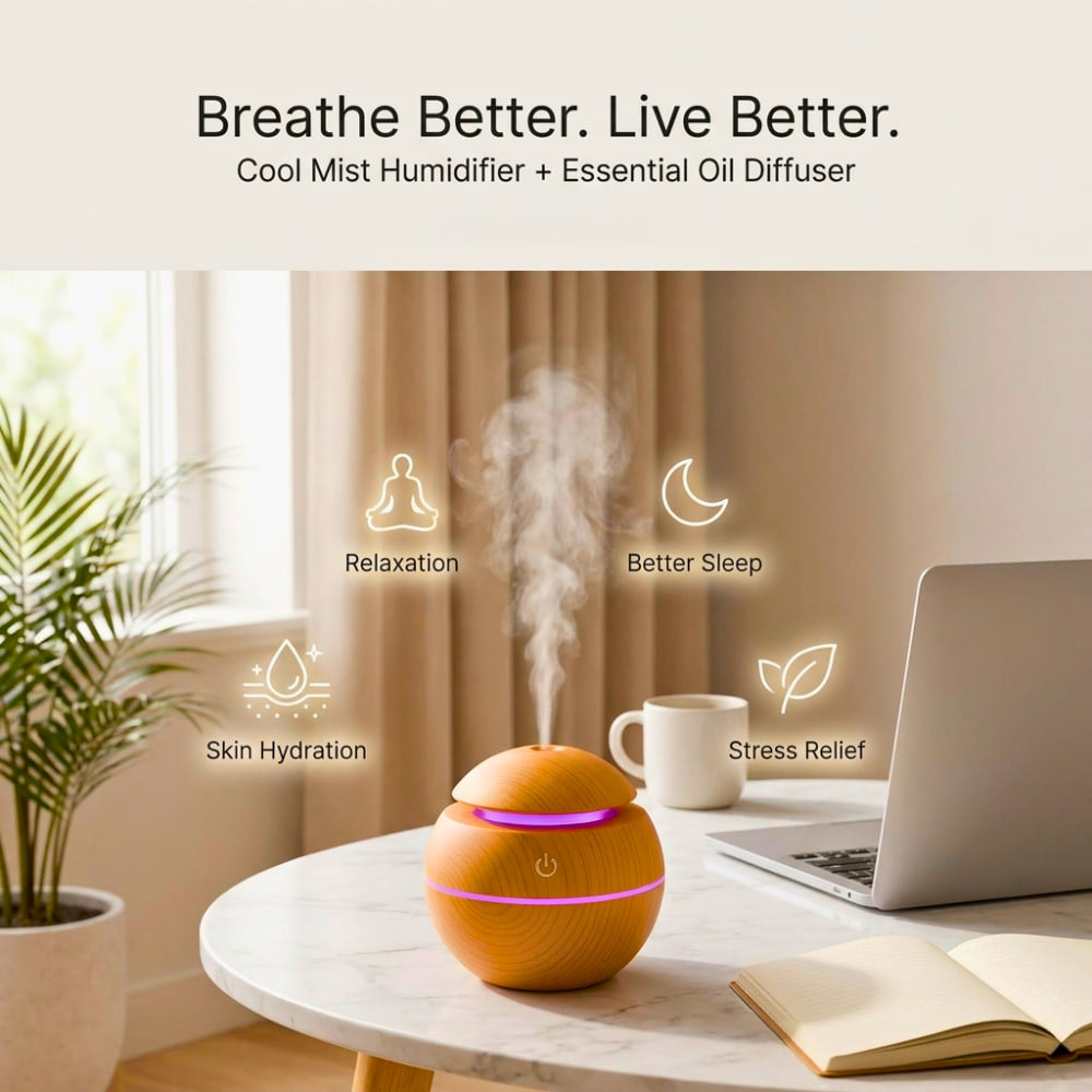 Wooden Color Cool Mist Humidifier cum Essential Oil Diffuser with Colorful Changing Lights for Indoor Garden, Car, Office, & Room (Light Brown, Pack of 1)
