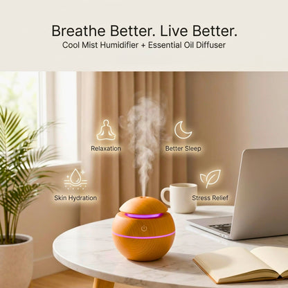 Wooden Color Cool Mist Humidifier cum Essential Oil Diffuser with Colorful Changing Lights for Indoor Garden, Car, Office, & Room (Light Brown, Pack of 1)