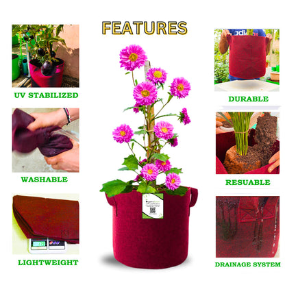 OrganicBazar 9x9 Geo Grow Bags Suitable for Vegetable and Flower Plants, Premium Quality 450 GSM Maroon Planters for Terrace Garden