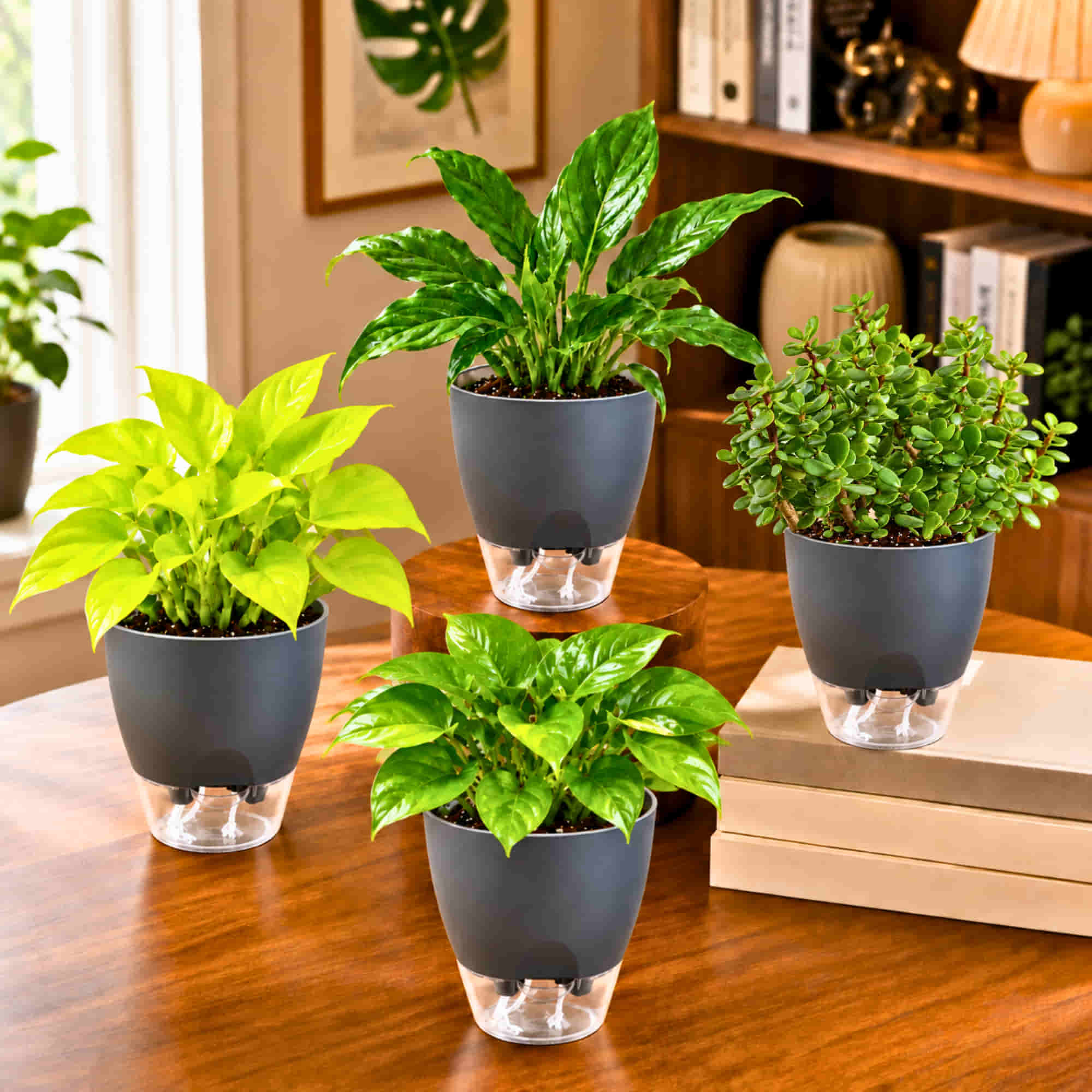 Good Luck Plant Combo Pack of 4 – Peace Lily, Jade, Money Plants Green & Neon