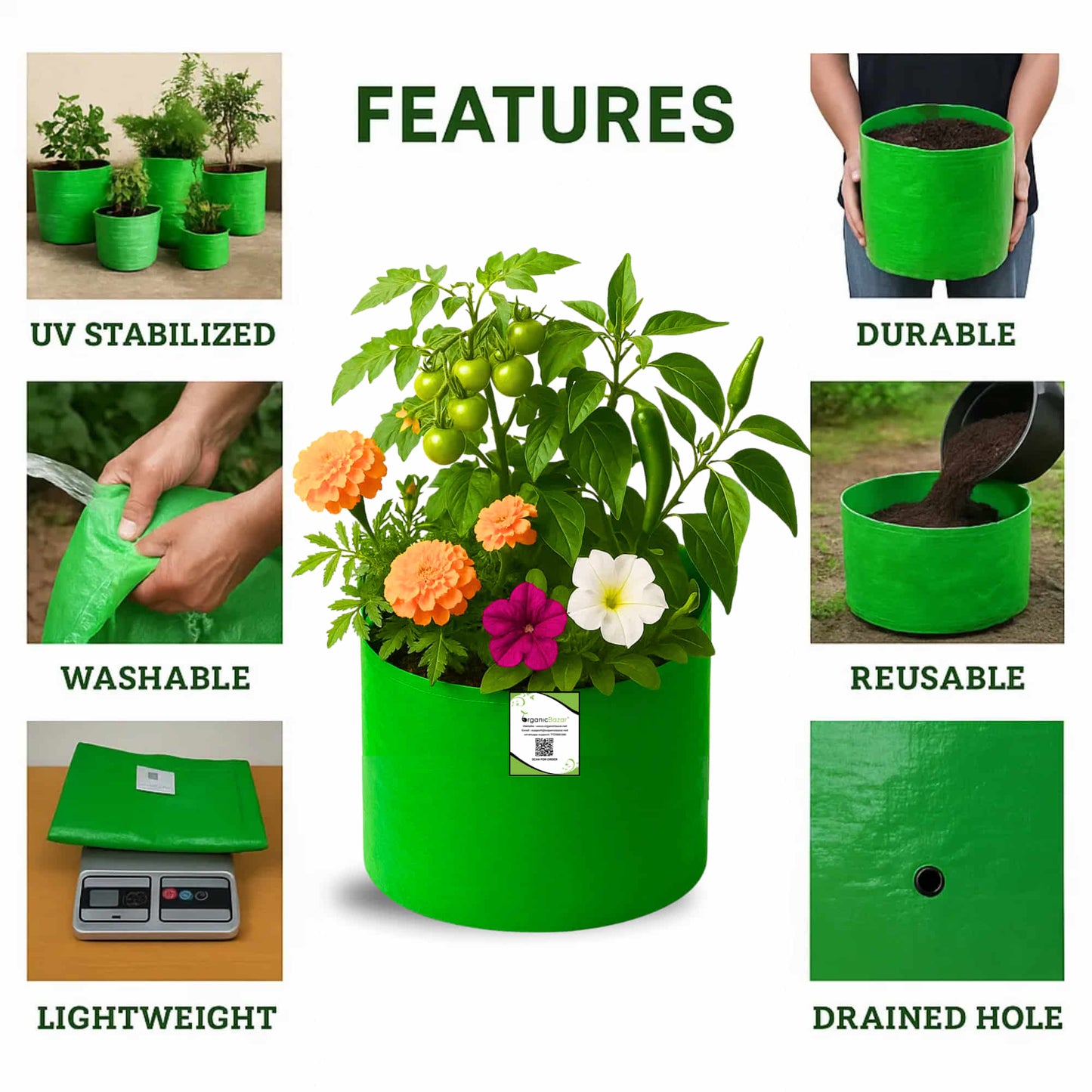 OrganicBazar 15x9 Grow Bag for Terrace Garden, Premium HDPE 260 GSM, Green Plant Bags