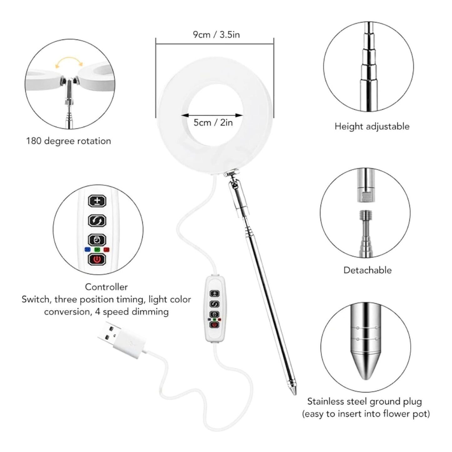 Round Plant Grow Light with Metal Base (Full Spectrum) – Adjustable Height, Automatic Timer, USB Powered (5V Safe Voltage) for Indoor/Outdoor Plants