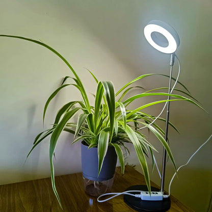 Round Plant Grow Light with Metal Base (Full Spectrum) – Adjustable Height, Automatic Timer, USB Powered (5V Safe Voltage) for Indoor/Outdoor Plants