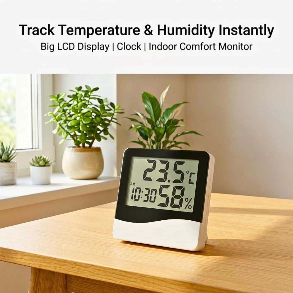 HTC-1 Digital Temperature Humidity Meter with clock Big LCD Display