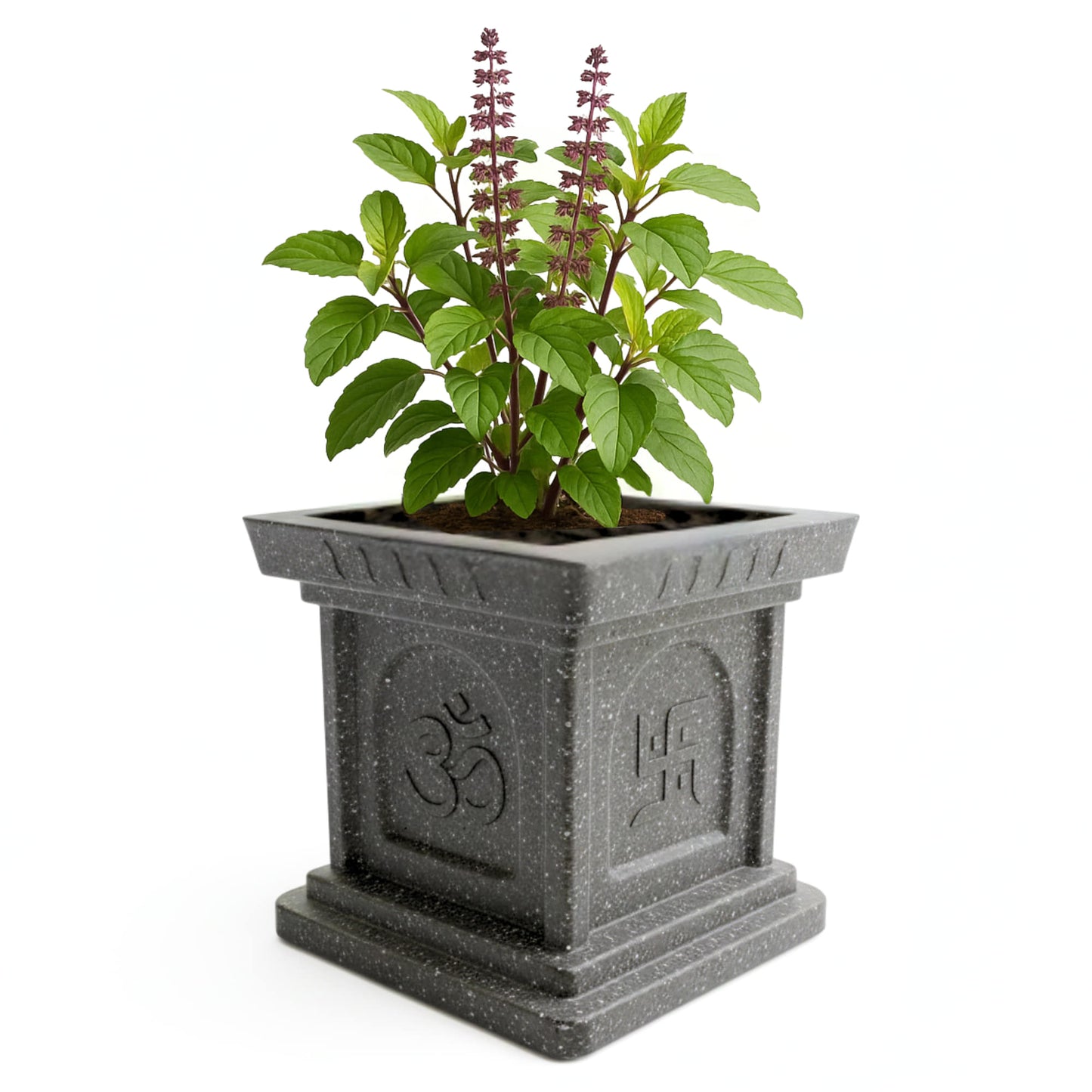 Roto Mould Tulsi Pot with 10+ Years Durability | Tulsi Container for home temples, pooja rooms, and gardens | 4 Sacred Carvings | White & Grey Colors