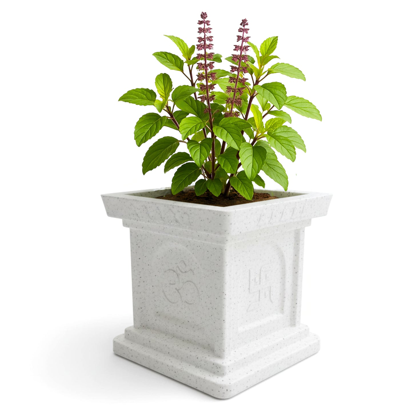 Roto Mould Tulsi Pot with 10+ Years Durability | Tulsi Container for home temples, pooja rooms, and gardens | 4 Sacred Carvings | White & Grey Colors