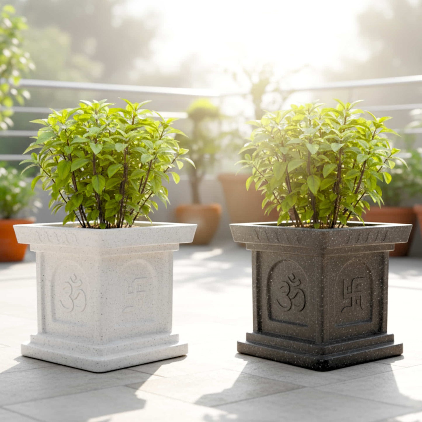 Roto Mould Tulsi Pot with 10+ Years Durability | Tulsi Container for home temples, pooja rooms, and gardens | 4 Sacred Carvings | White & Grey Colors